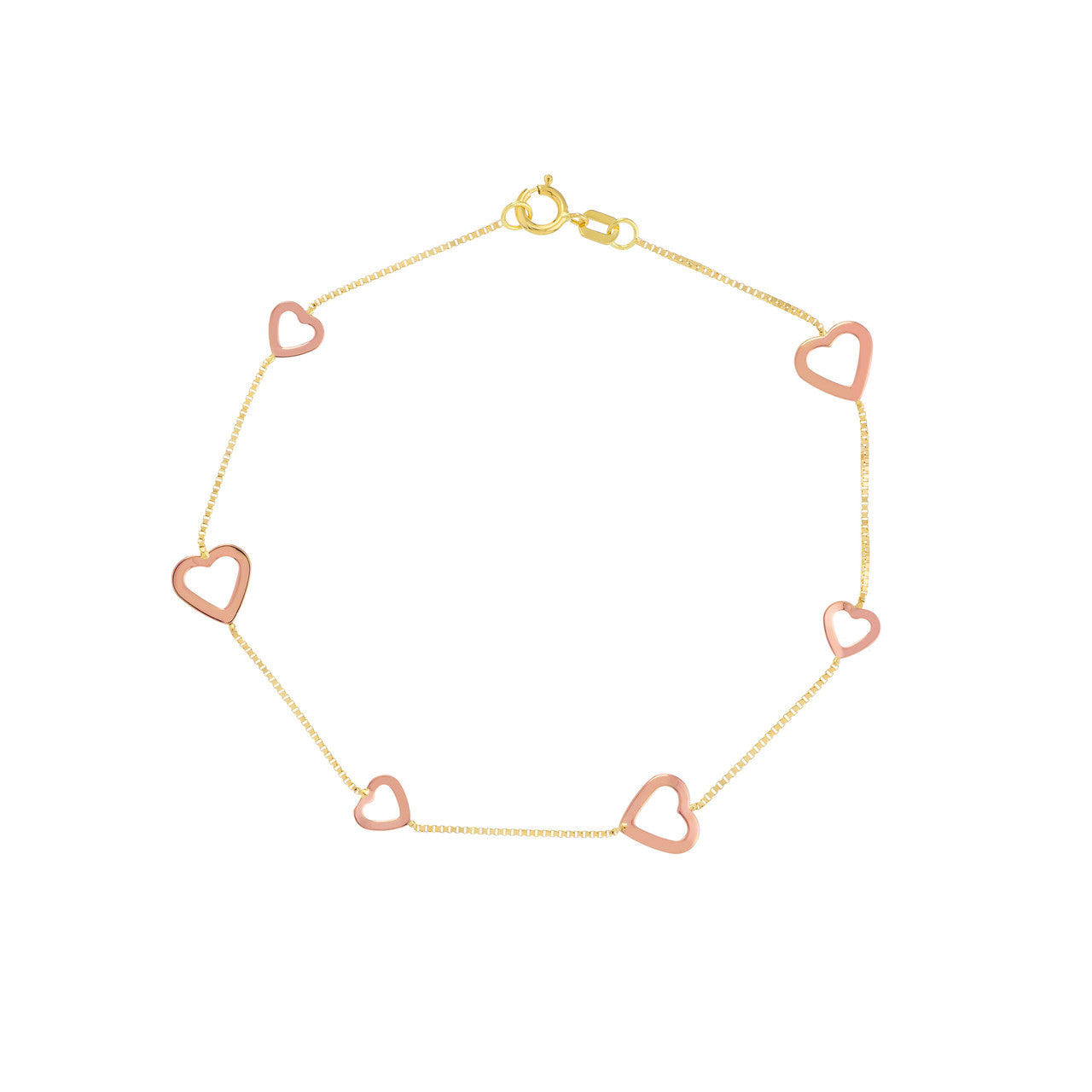Two-tone open heart bracelet on a box chain, featuring a delicate and modern design by My Store.