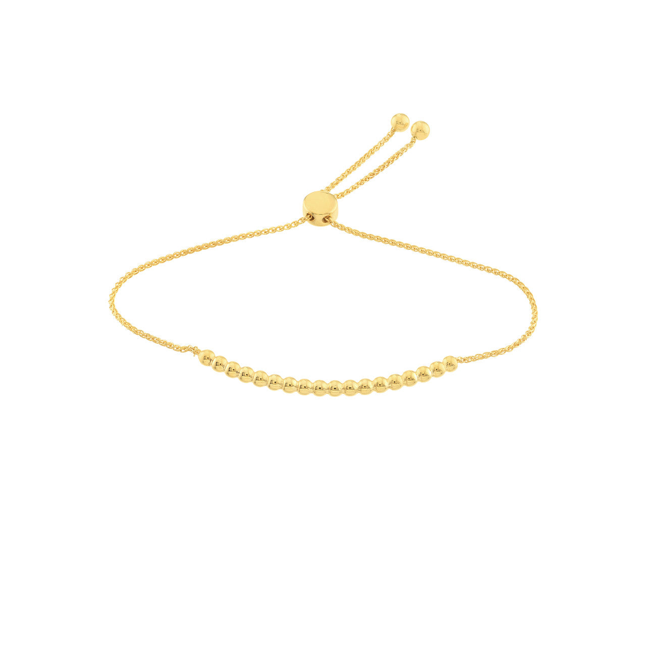 14K gold connecting beads bolo bracelet with adjustable cord, on a neutral background