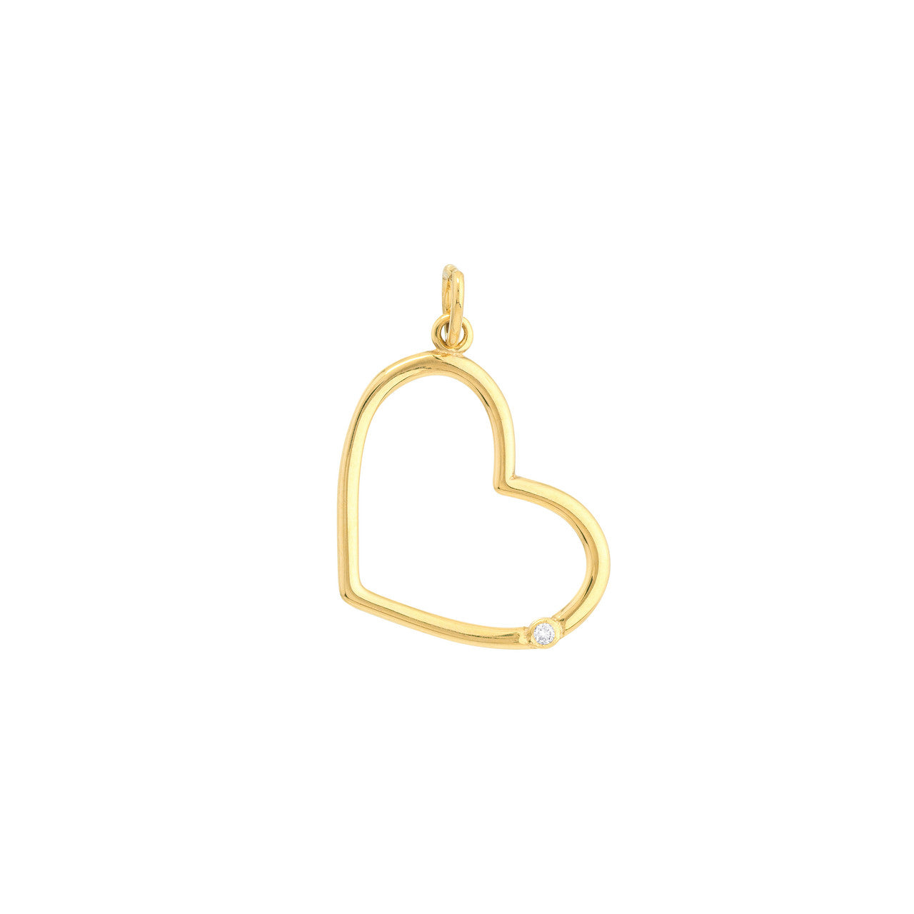 Tilted open heart pendant featuring a delicate 1pt diamond, crafted in a simple and elegant design.