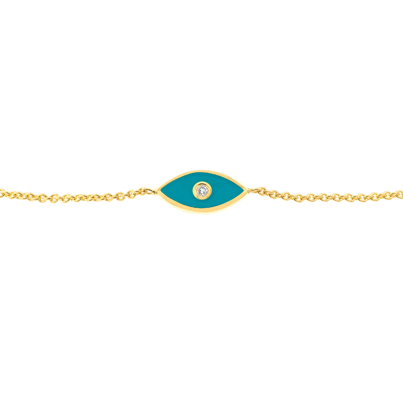 14K gold blue enamel evil eye bolo bracelet, close-up view