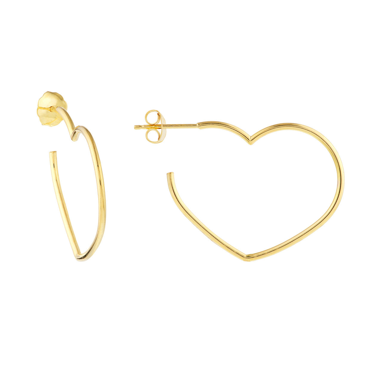 Simple tilted open heart hoop earrings by My Store with a sleek, modern design and shiny metal finish.