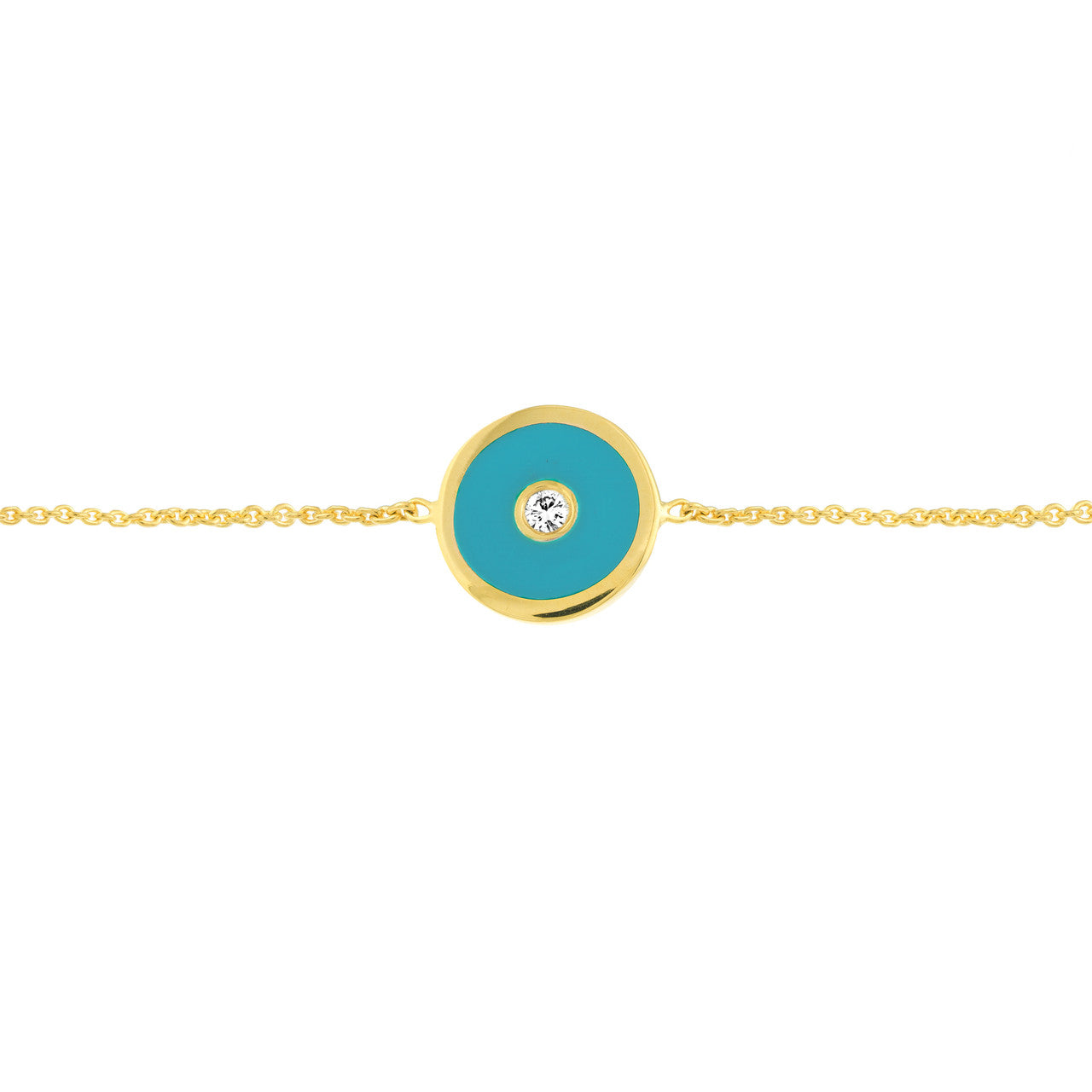 14K gold blue enamel evil eye bolo bracelet, detail view