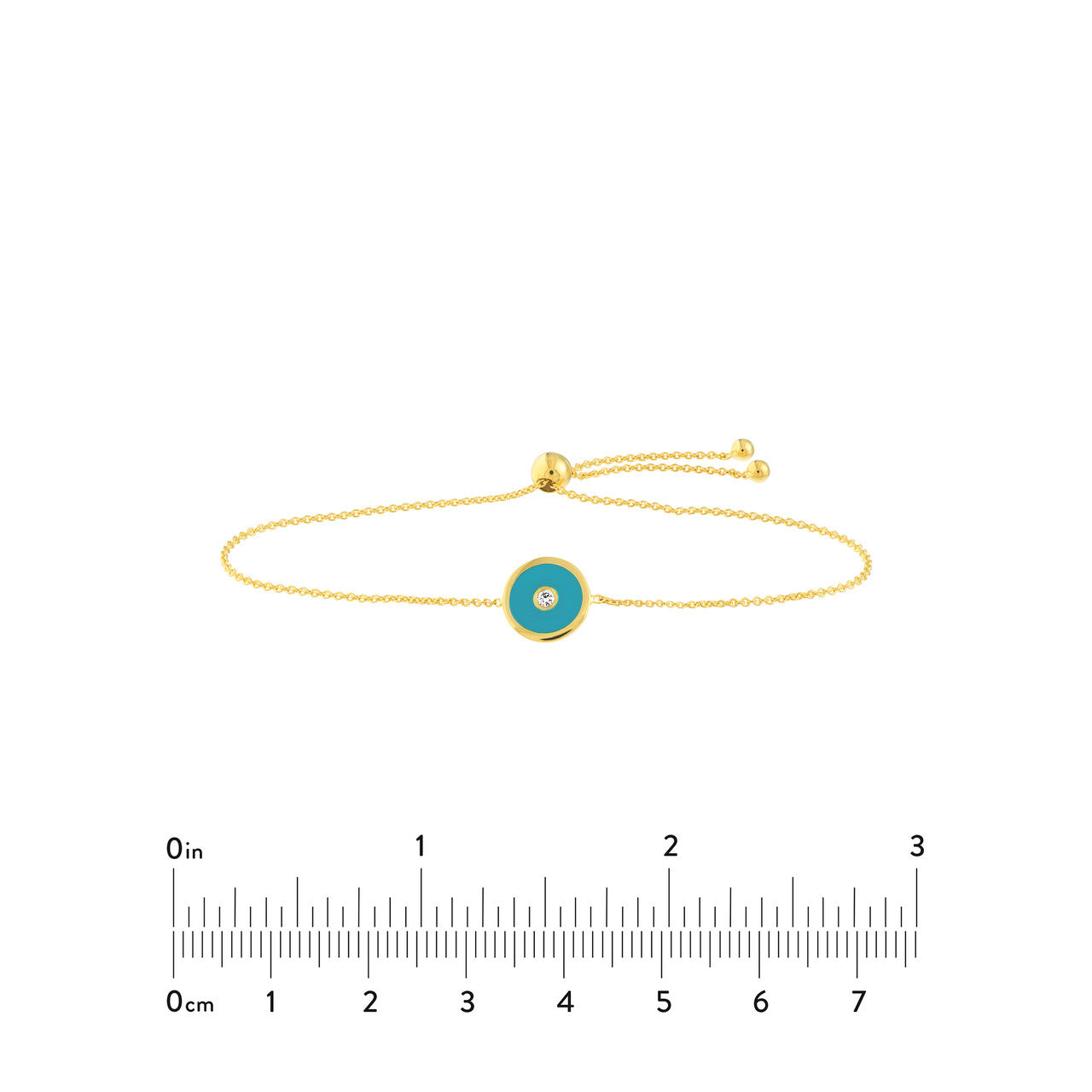 14K gold blue enamel evil eye bolo bracelet shown adjusted