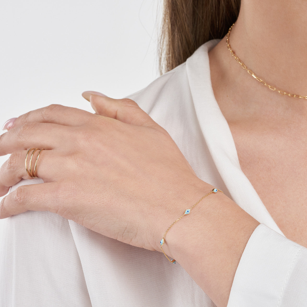 14K gold enamel evil eye station chain, detail view