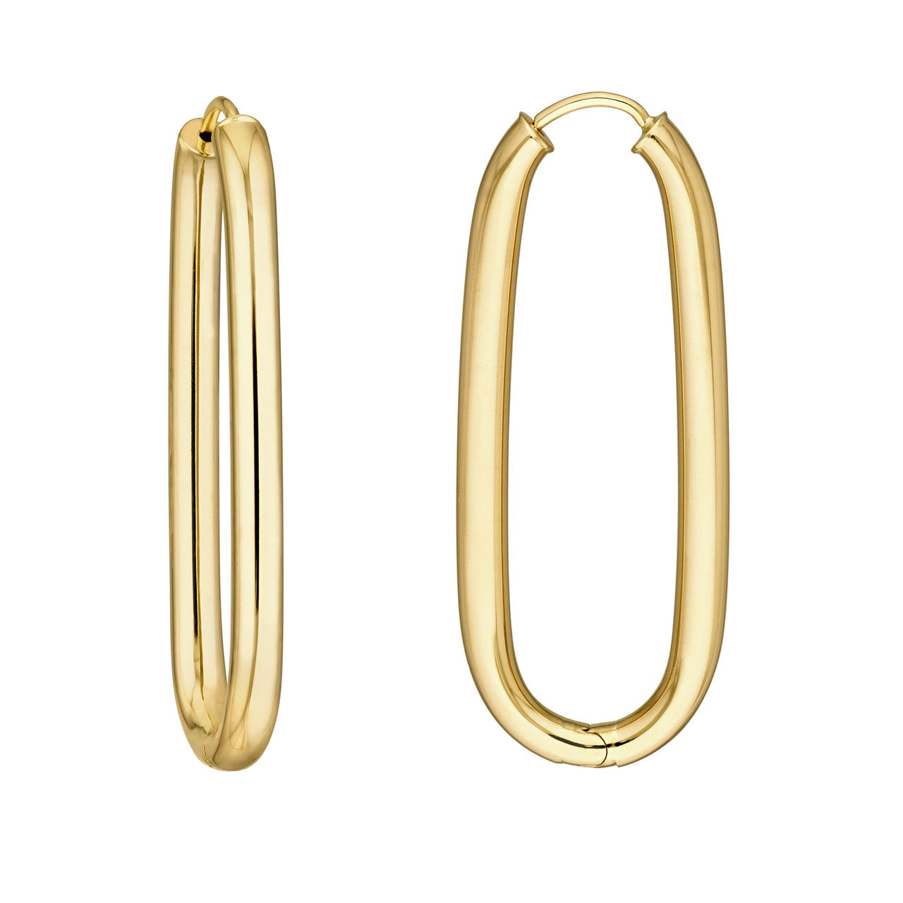Simple 38.3mm oval round hoop hinged earrings in polished metal by My Store against a neutral background.