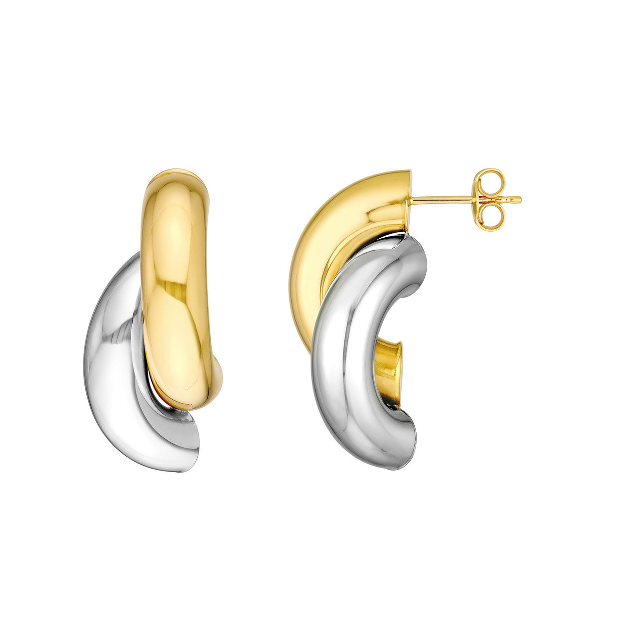 Simple two-tone arc earrings by Midas Chain, featuring a sleek and modern design with a stylish curvature.