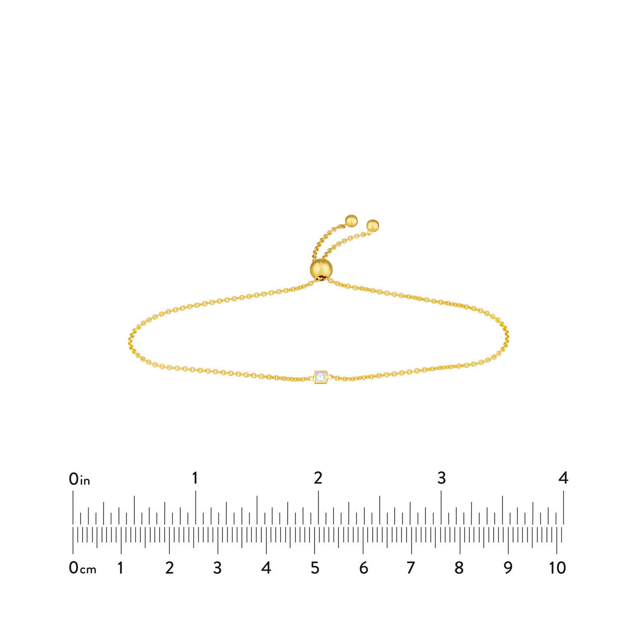 Mini princess cut diamond bolo bracelet with a sleek design and adjustable chain, set against a soft background.