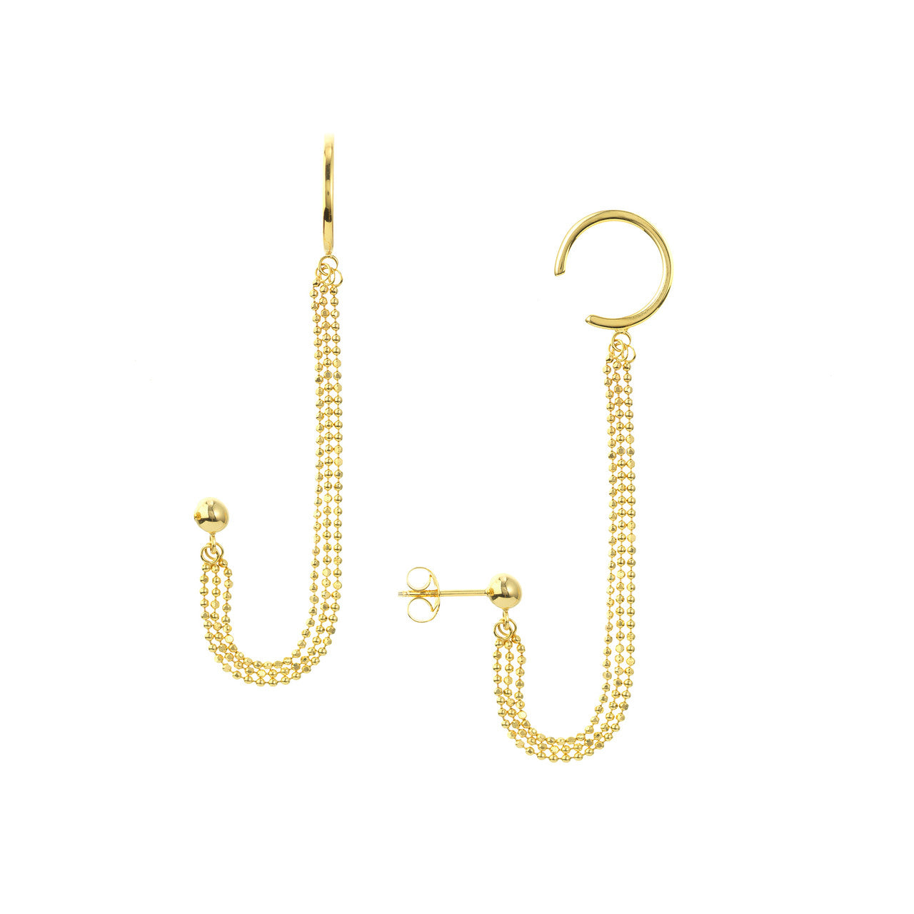 Triple bead chain drape earrings with ear cuff in silver, featuring a stylish layered design and elegant shine.
