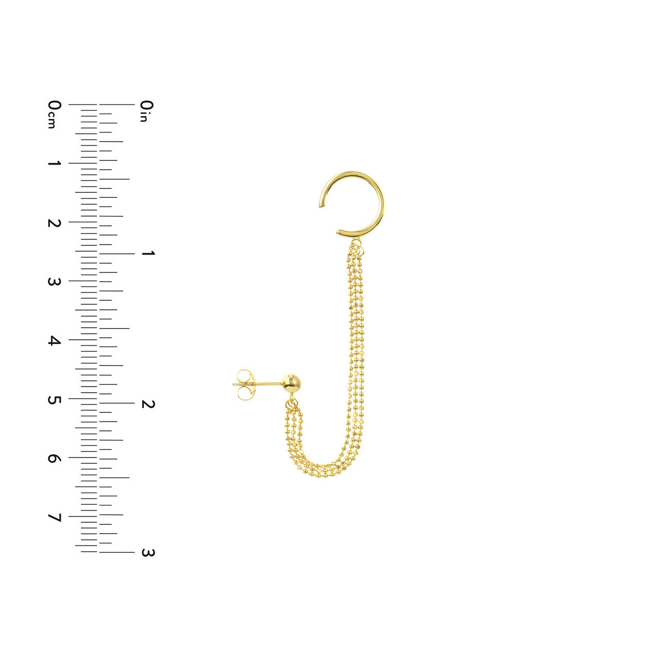 Triple bead chain drape earrings with ear cuff in elegant design, showcasing shimmering beads and delicate chains.