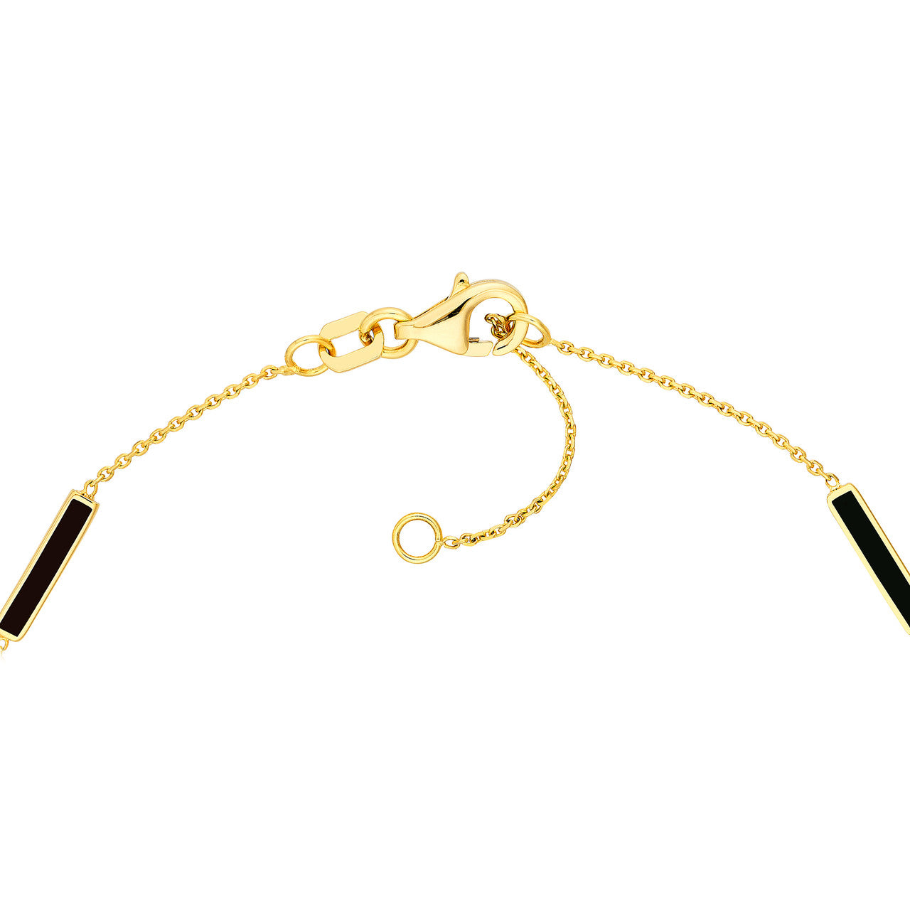 14K gold black enamel bar bracelet, close-up of the enamel bar