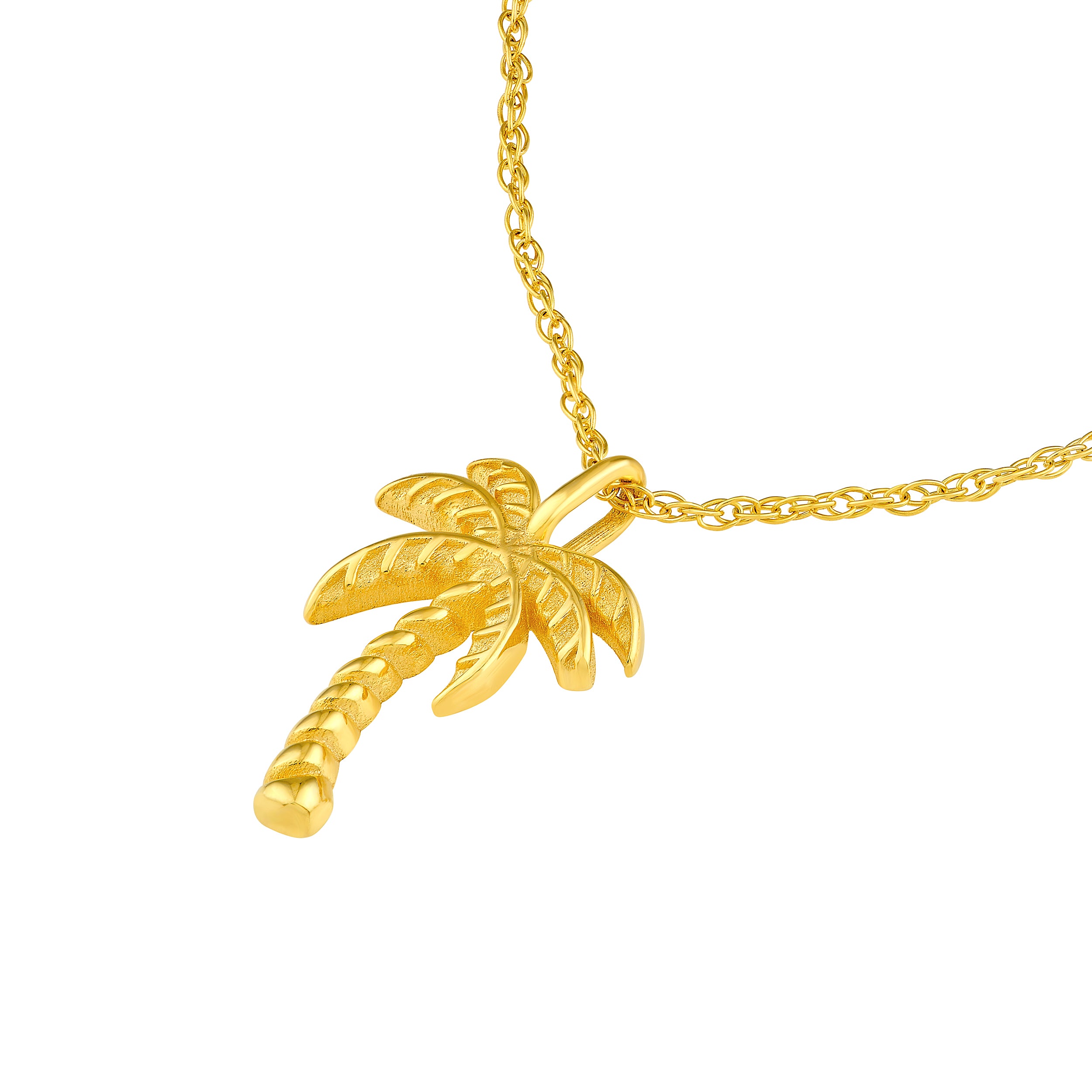 14K gold palm tree pendant necklace, detail view