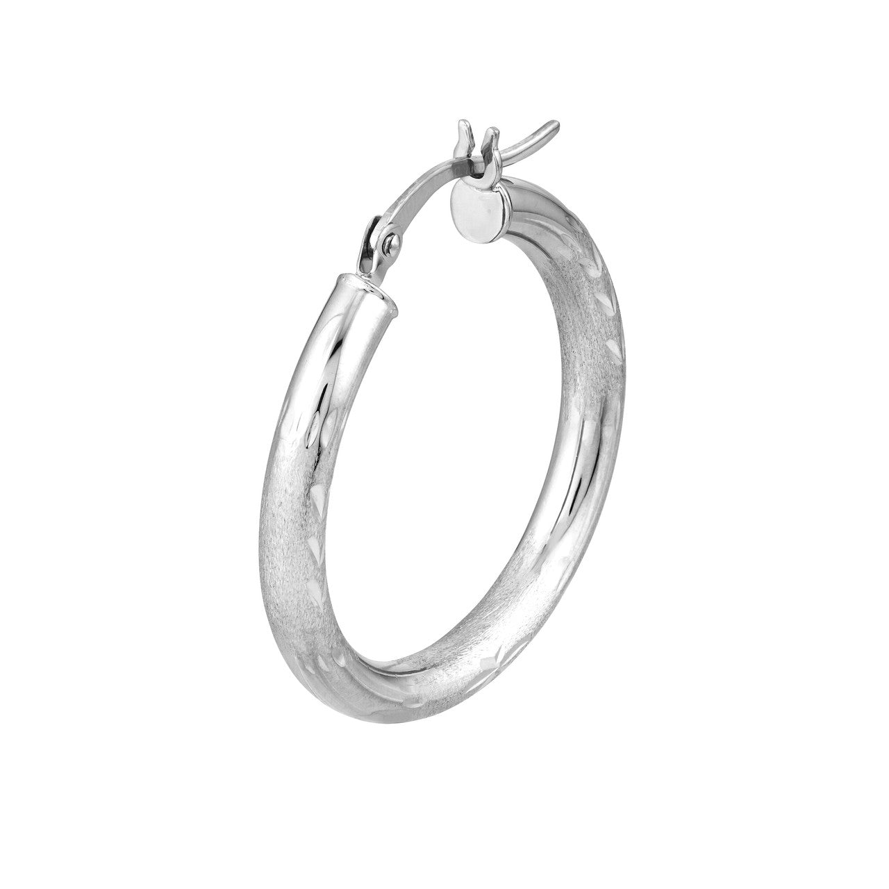 3x25mm D/C Florentine round hoop earrings with a textured finish and lightweight design, showcasing an elegant style.