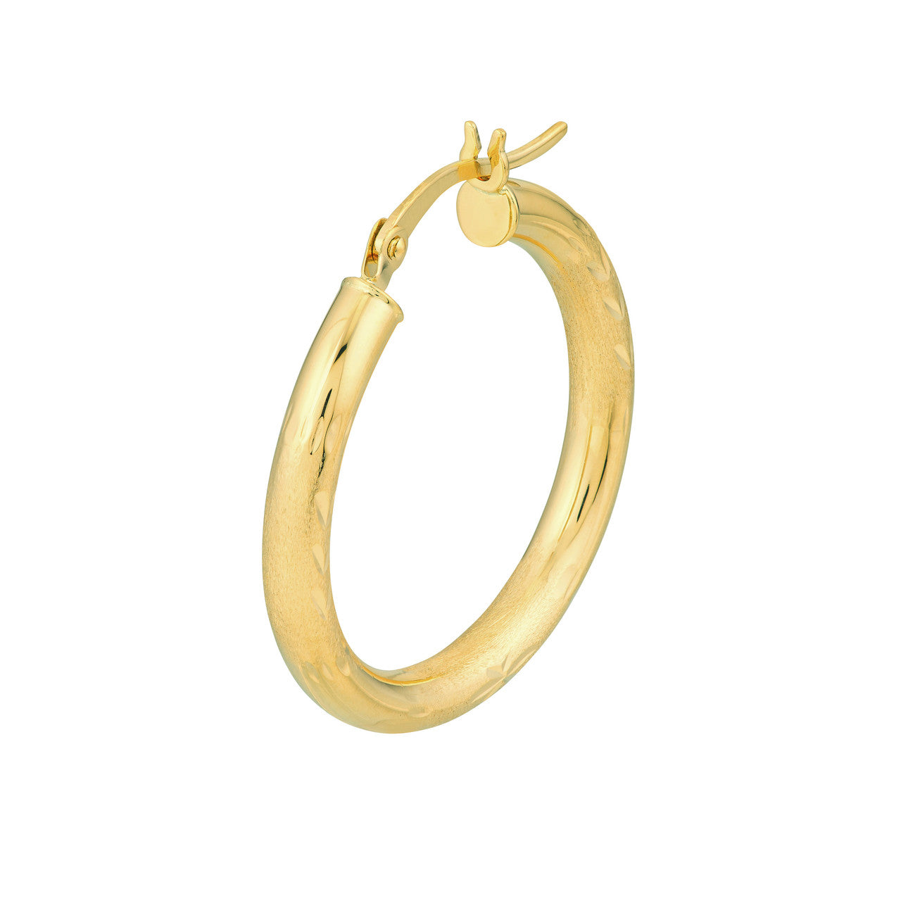 3x25mm D/C Florentine round hoop earrings featuring a textured gold finish and elegant, lightweight design.