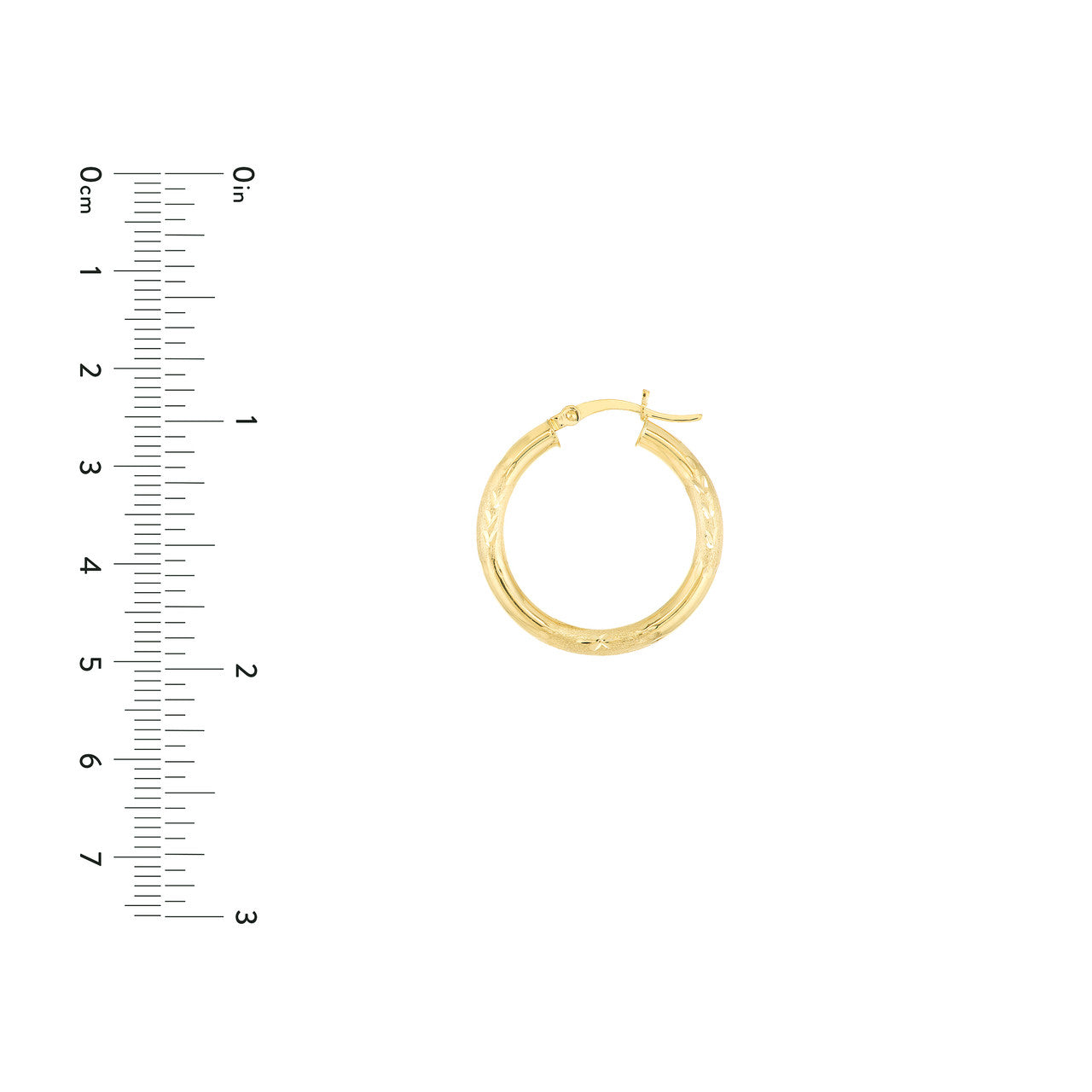 Gold 3x25mm D/C Florentine round hoop earrings with a textured finish, elegantly displayed against a neutral background.