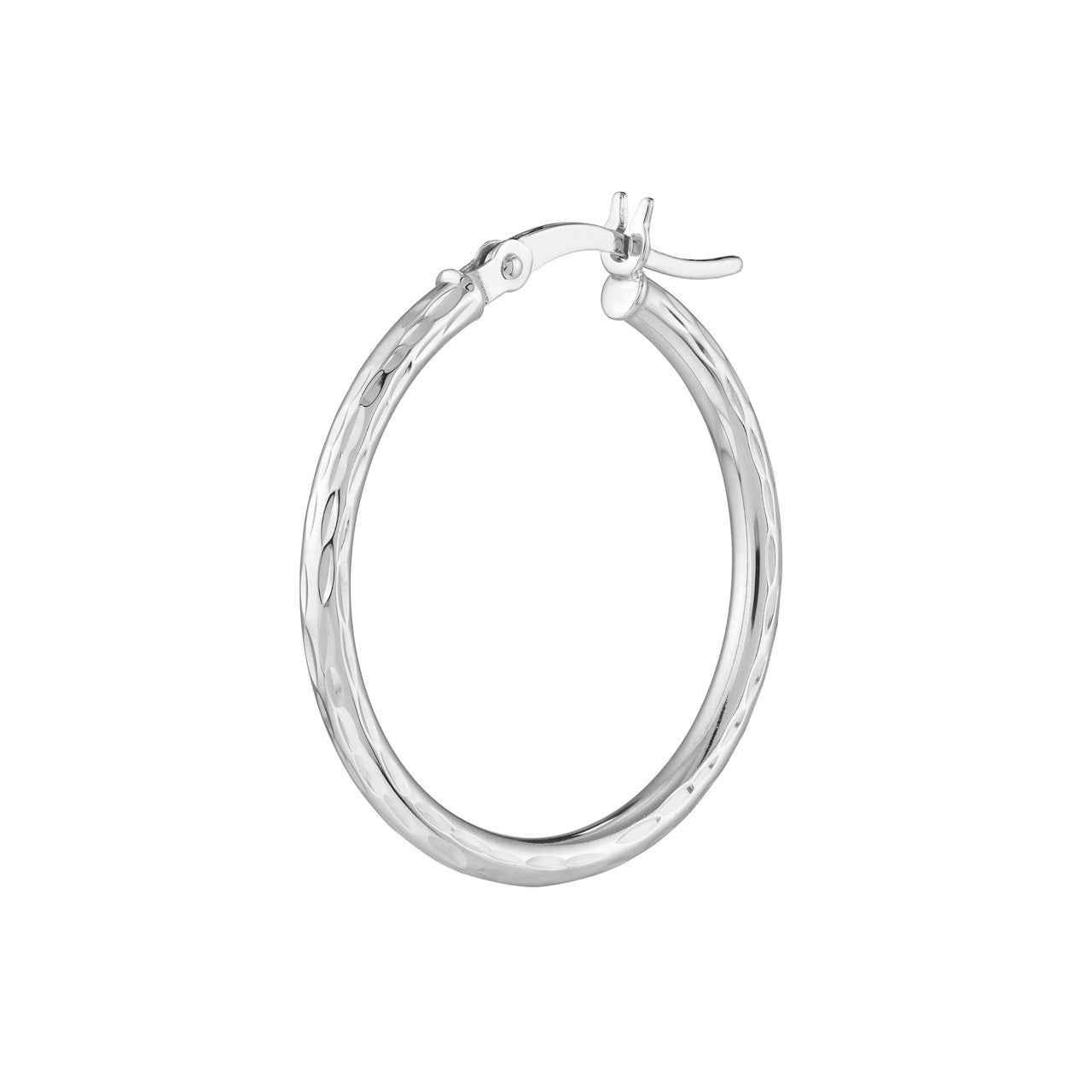 2mm x 25mm diamond-cut hoop earrings with a shiny finish, showcasing a delicate and modern design.