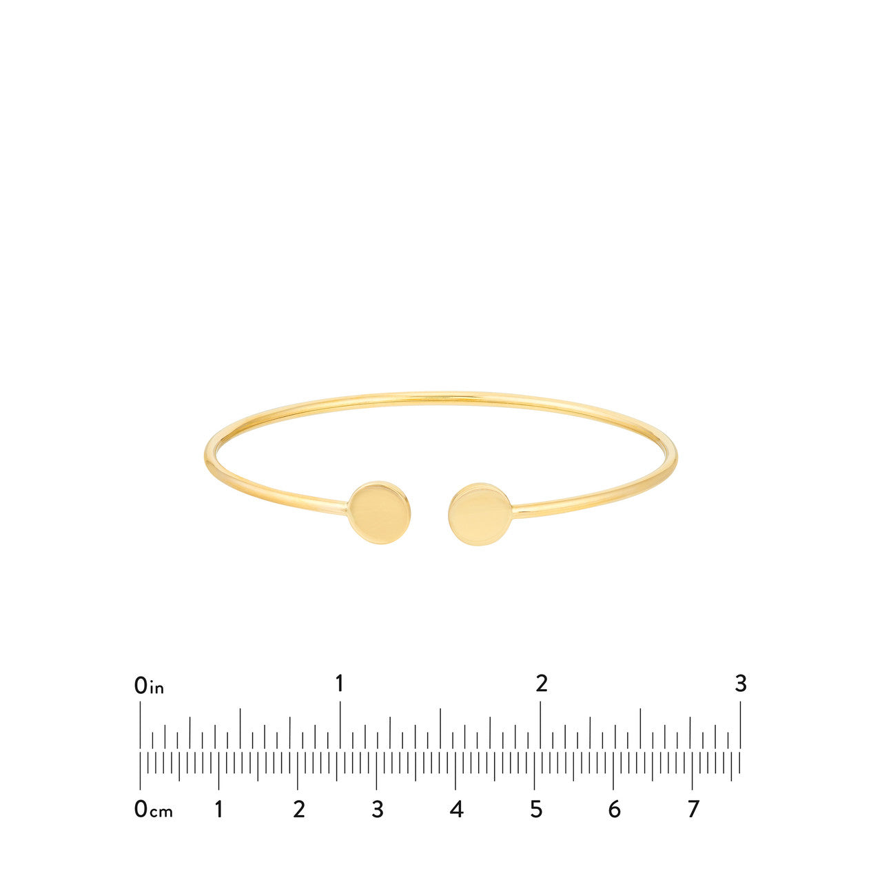 14K yellow gold disc cuff bangle, close-up view