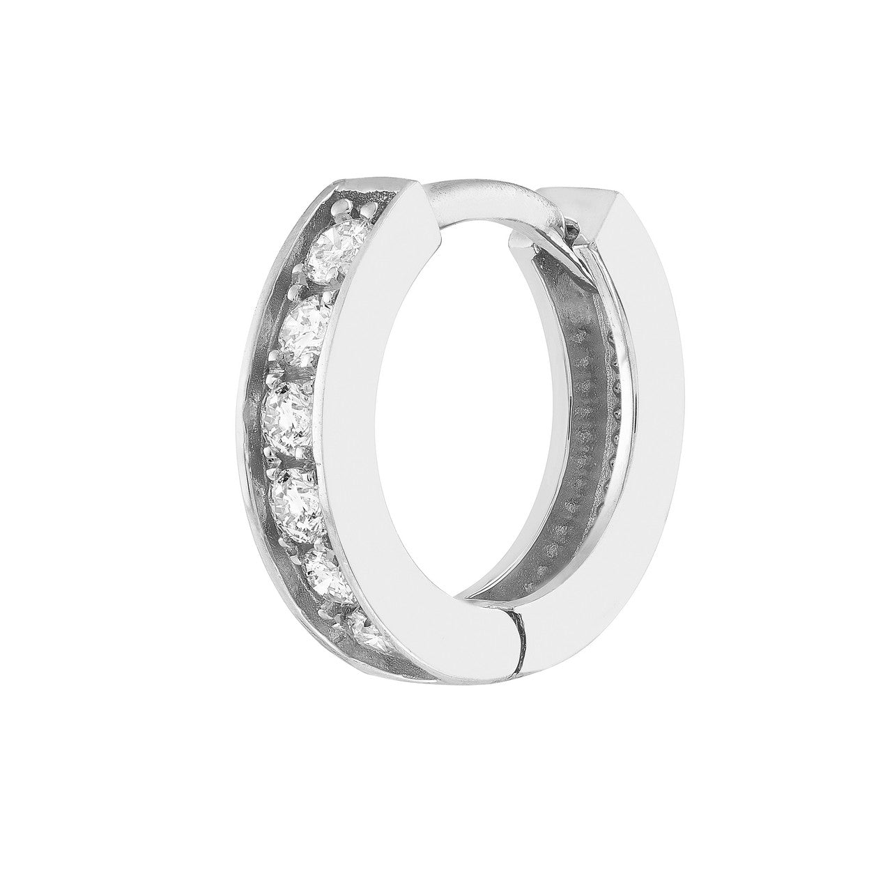 14K gold diamond line huggie earrings, sparkling gemstones, close-up