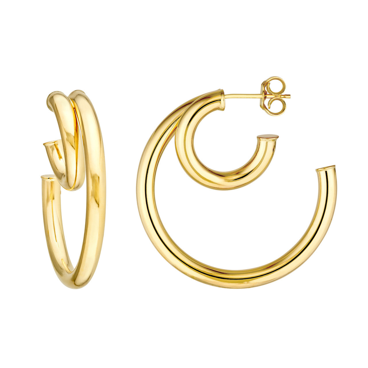 Simple 30mm double hoop earrings in gold by My Store, showcasing elegant intertwined design and shiny finish.