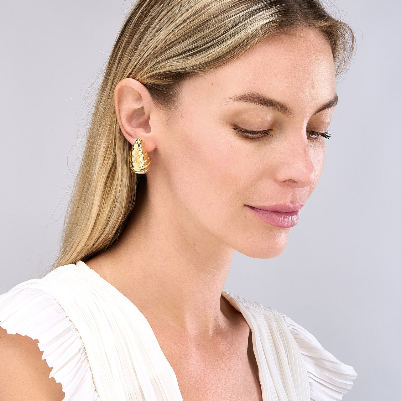 14K gold extra large ribbed teardrop dome earrings, sleek modern design
