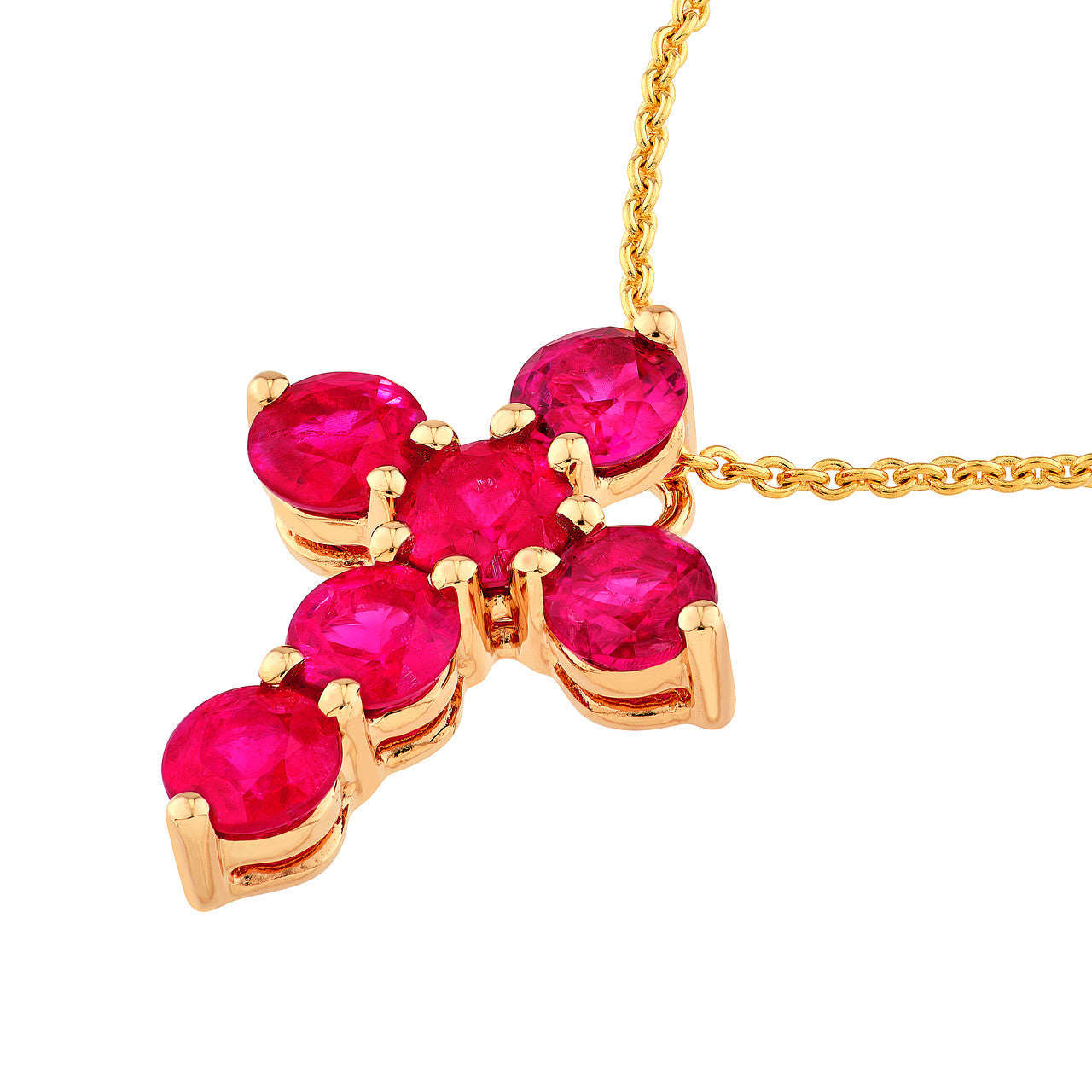 Simple ruby stone cross pendant by VIA Jewelers, featuring a polished finish and delicate design.