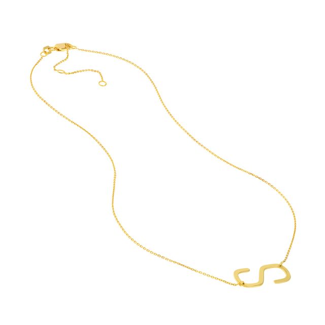 Sideways block initial necklace in silver, featuring a personalized letter design on a delicate chain.